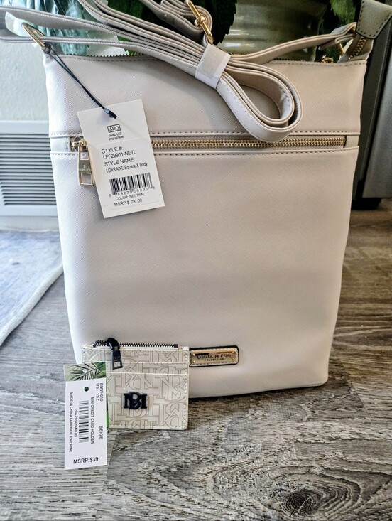 London Fog Handbags - LONDON FOG Cream Crossbody Bag with Gold Hardware + Badgley MISCHKA Cardholder